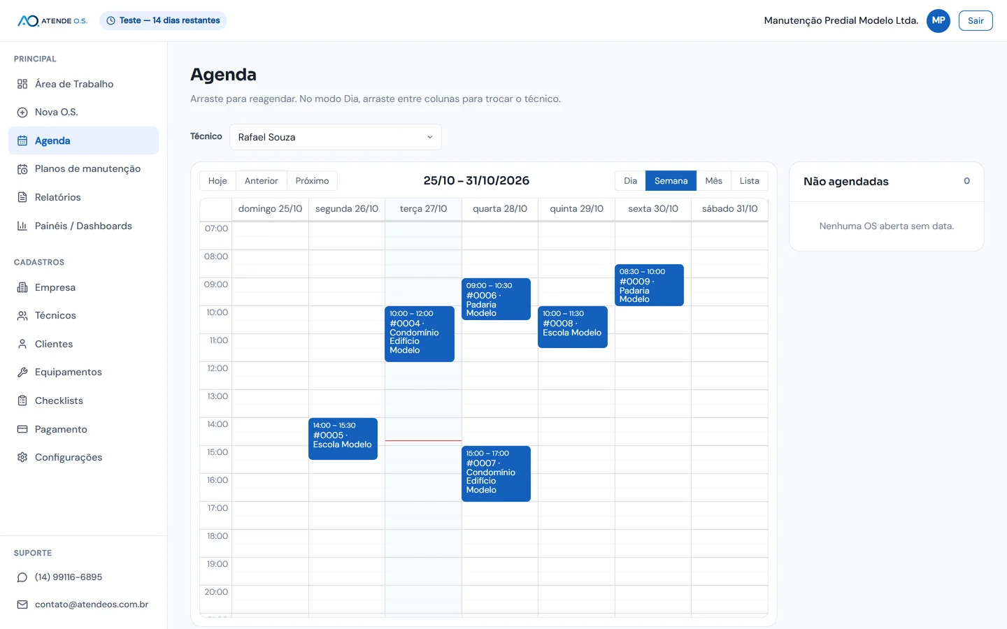 Agenda do painel na semana de 25 a 31/10, filtrada pelo técnico Rafael Souza, com OS da Padaria Modelo, da Escola Modelo e do Condomínio Edifício Modelo