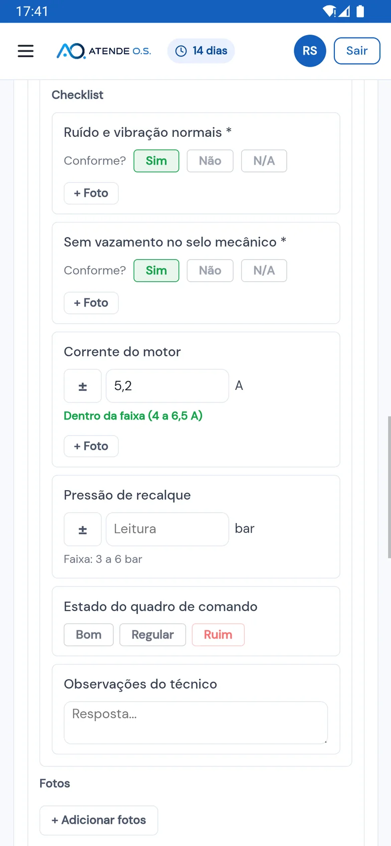 OS aberta no app do técnico, com o checklist da bomba de recalque: Sim, Sim e corrente de 5,2 A dentro da faixa (4 a 6,5 A)