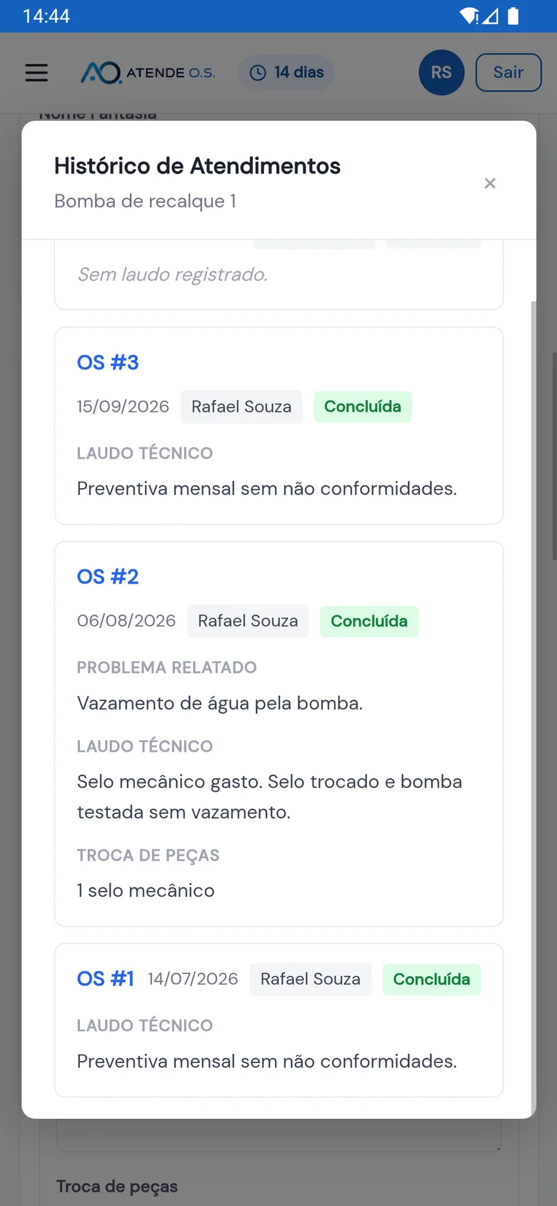 Histórico de atendimentos da Bomba de recalque 1 aberto de dentro da OS, com as OS #3, #2 e #1