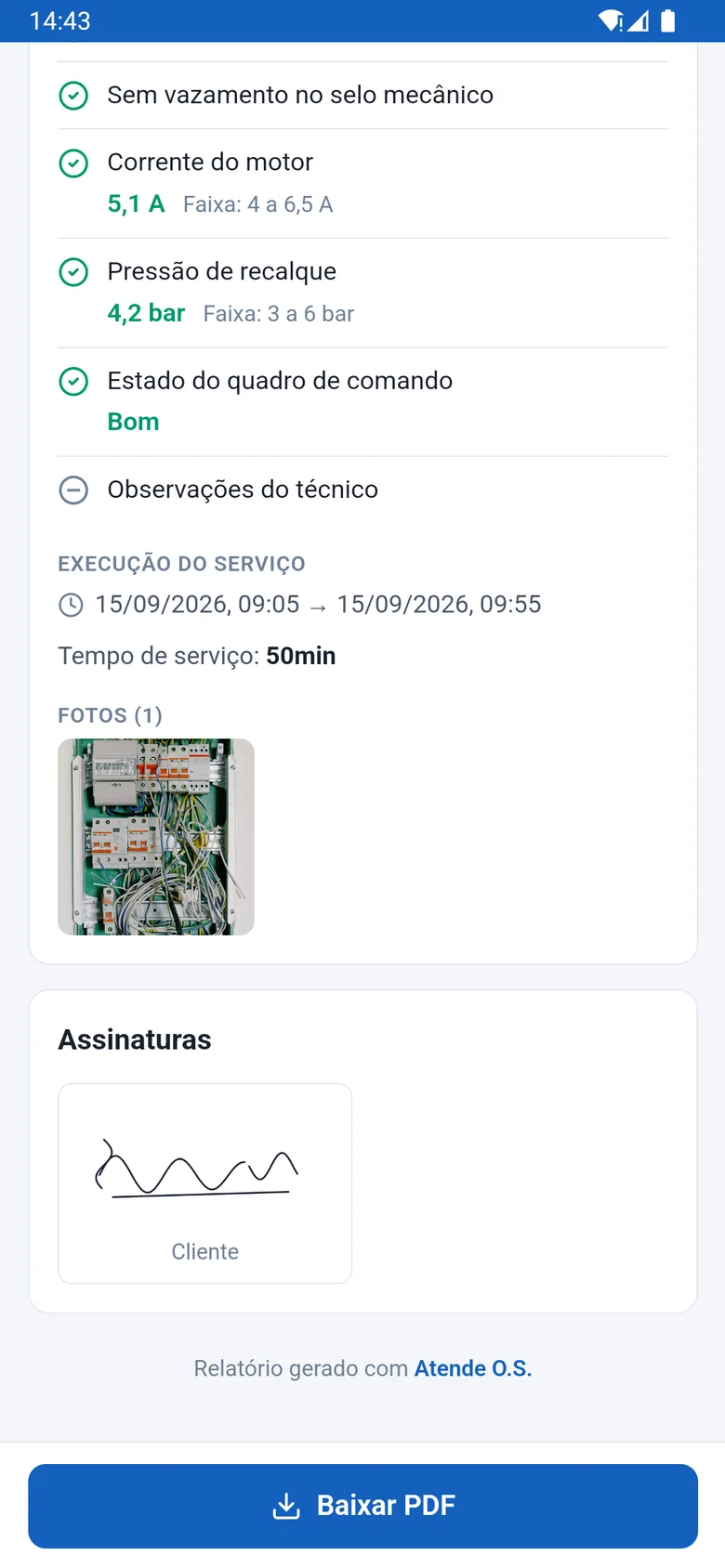 Fim do relatório aberto no celular do cliente: a foto do quadro de comando, a assinatura do cliente e o botão Baixar PDF