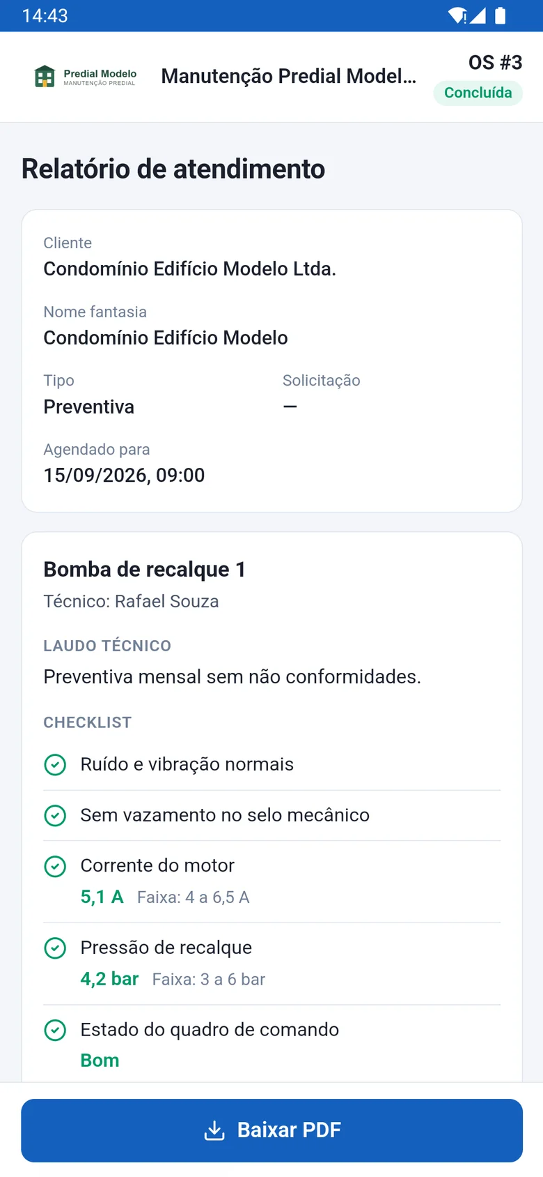 Relatório de atendimento aberto no celular do cliente, com o logo da empresa, o checklist da Bomba de recalque 1 e o botão Baixar PDF