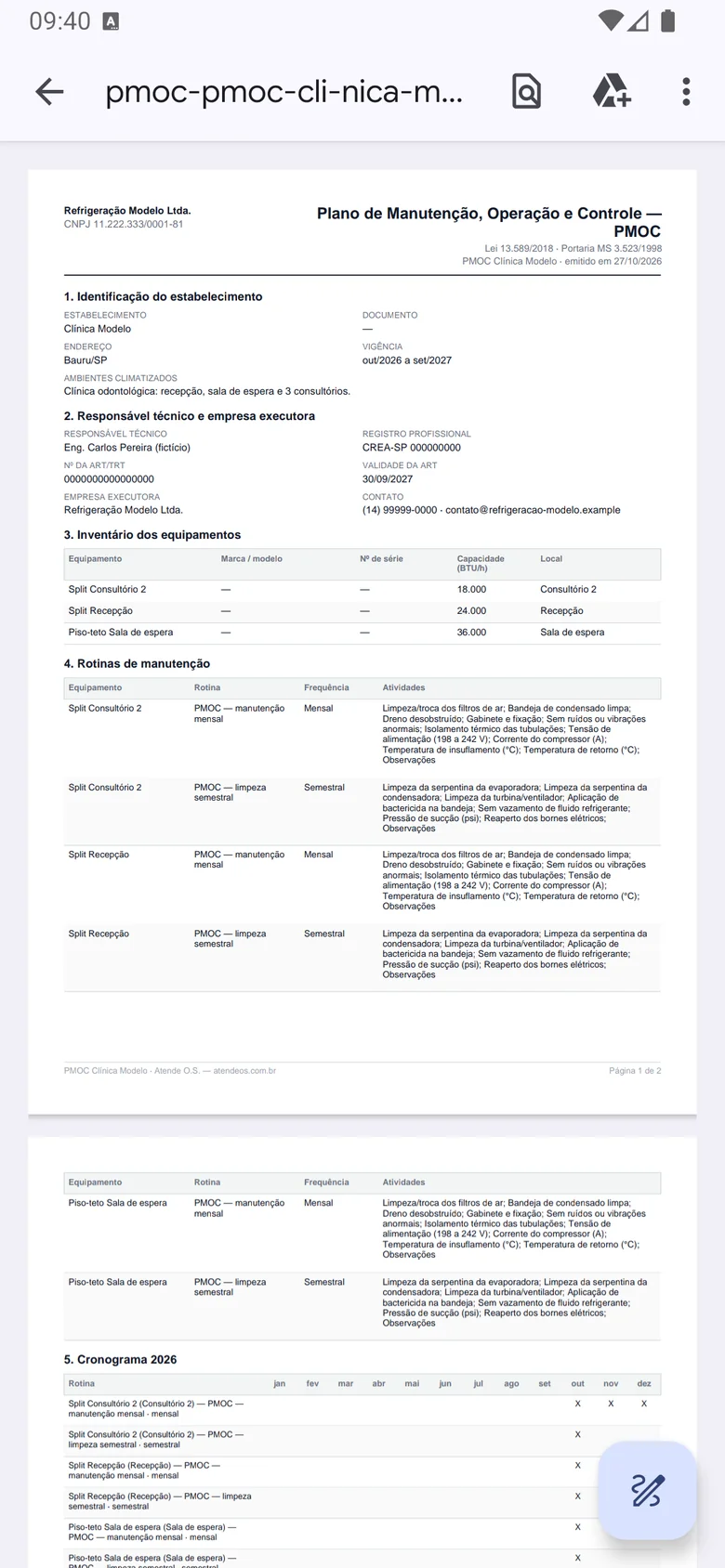 PDF do plano PMOC da Clínica Modelo aberto no celular, com o inventário e o cronograma (dados fictícios)