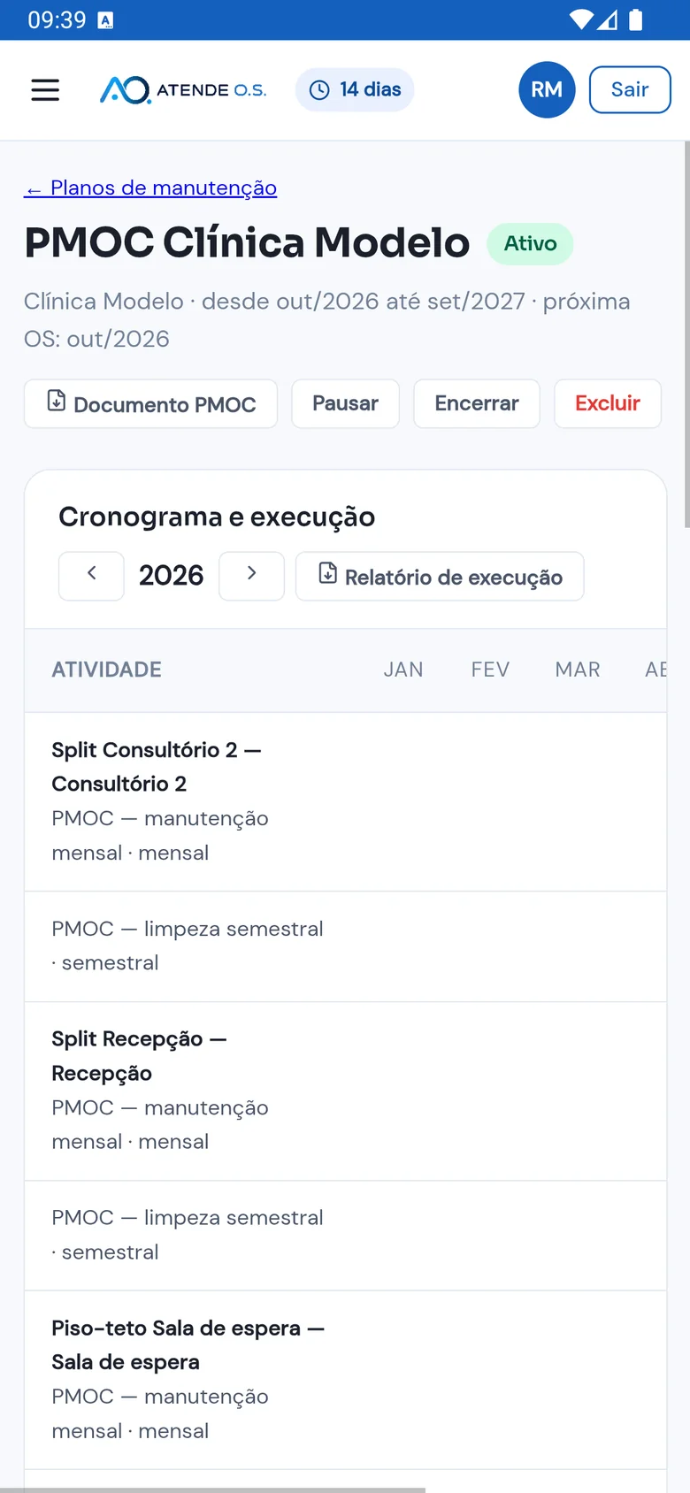 Plano PMOC Clínica Modelo, ativo, com o cronograma de 2026 e as rotinas de cada aparelho (dados fictícios)