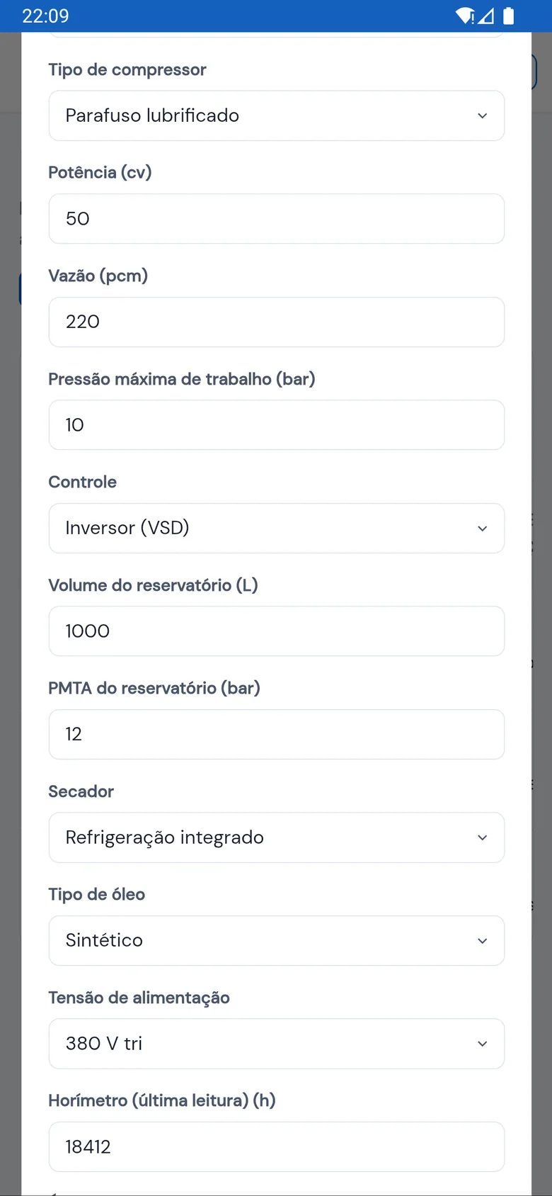 Cadastro do compressor no app: Parafuso lubrificado, 50 cv, 220 pcm, 10 bar, Inversor (VSD), reservatório de 1000 L com PMTA de 12 bar, secador por refrigeração integrado, óleo sintético, 380 V tri e horímetro 18412 h