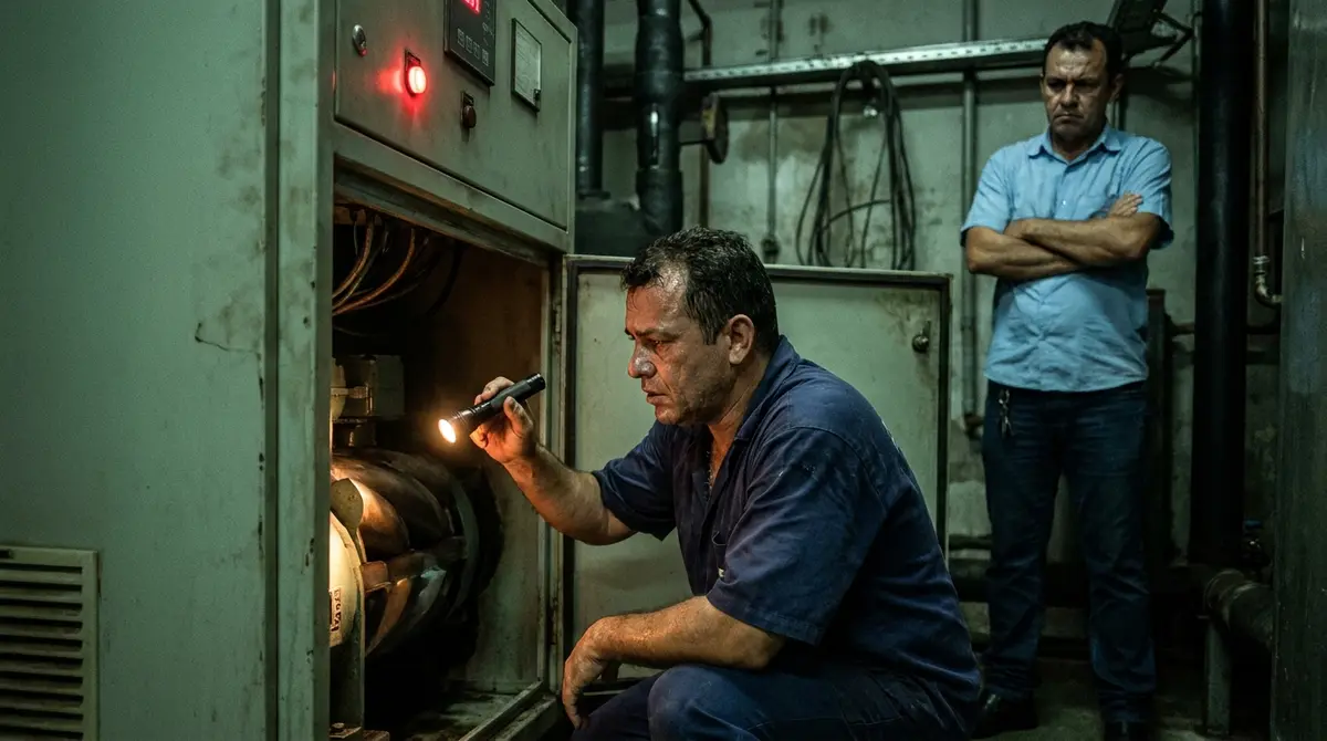 Técnico agachado com a lanterna no compressor parado, com a luz de alarme acesa e o supervisor de braços cruzados atrás
