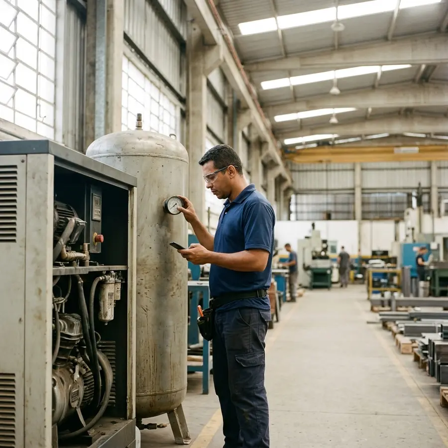 Técnico lendo o manômetro do reservatório ao lado do compressor, no chão de fábrica