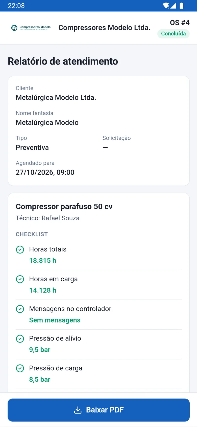 Relatório da OS #4 da Metalúrgica Modelo no celular do cliente: logo da Compressores Modelo, status Concluída, Compressor parafuso 50 cv com 18.815 h, o checklist e o botão Baixar PDF