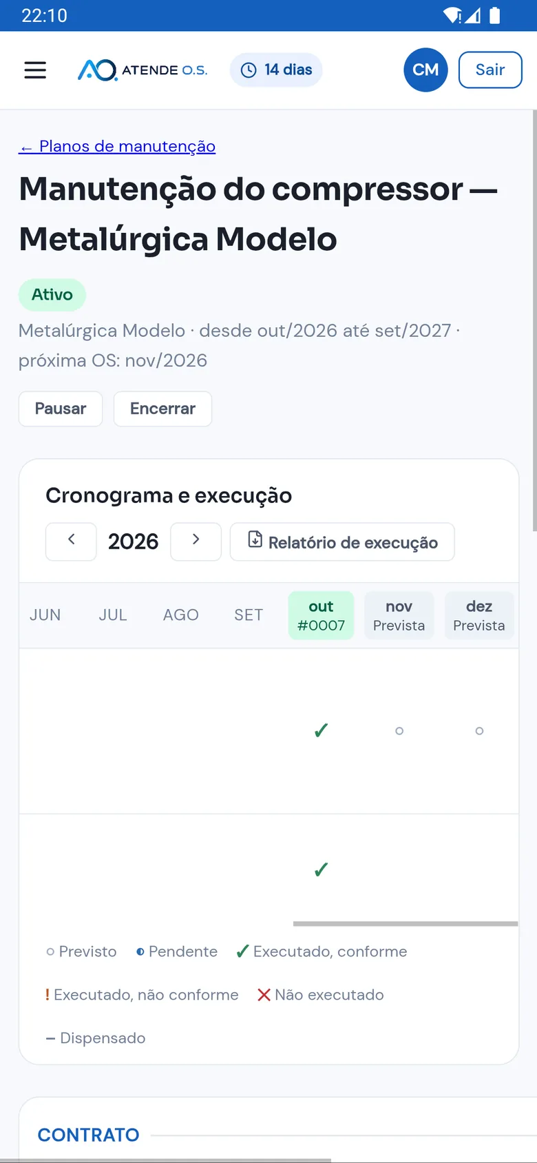 Plano Manutenção do compressor — Metalúrgica Modelo, ativo de out/2026 a set/2027: outubro executado nas duas rotinas (OS #0007), novembro e dezembro previstos (dados fictícios)