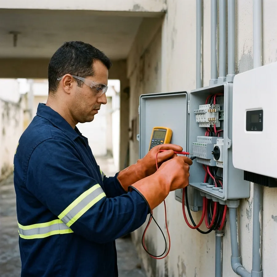Técnico medindo as strings com o multímetro na string box aberta, ao lado do inversor
