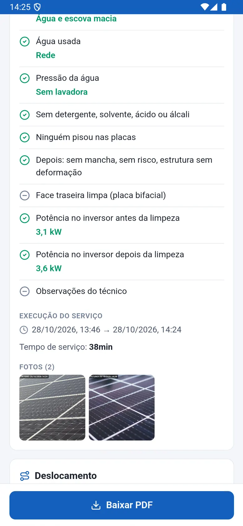 Relatório da limpeza no celular do cliente: o checklist com a potência no inversor antes e depois, o horário do serviço, as fotos de antes e depois com coordenadas, data e hora e o botão Baixar PDF (dados fictícios)