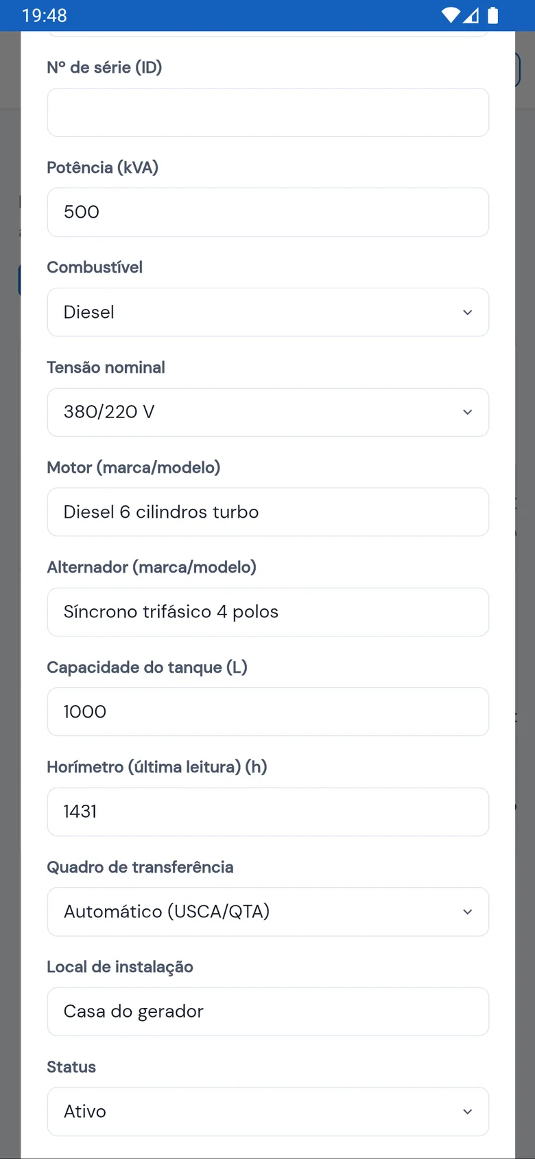Cadastro do gerador no app: 500 kVA, Diesel, 380/220 V, tanque de 1000 L, horímetro 1431 h, quadro Automático (USCA/QTA), local Casa do gerador, status Ativo