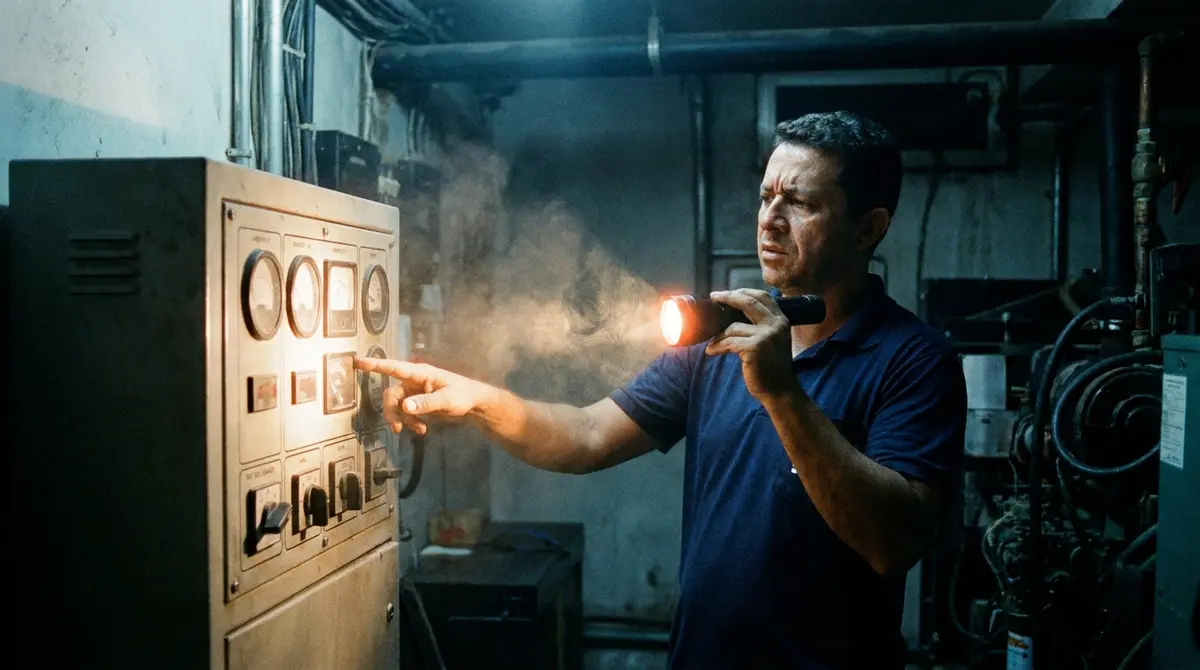 Técnico com a lanterna apontada para o painel do grupo gerador, na sala escura durante a falta de energia