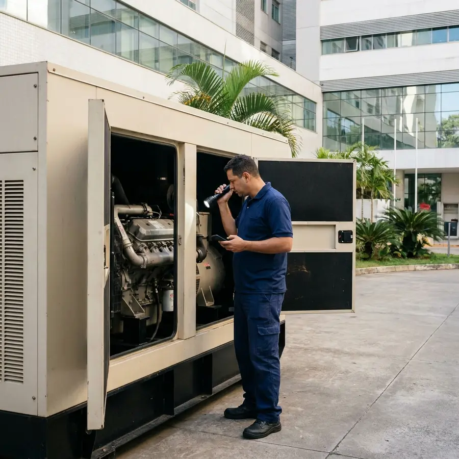 Técnico com a carenagem do grupo gerador aberta no pátio de um hospital
