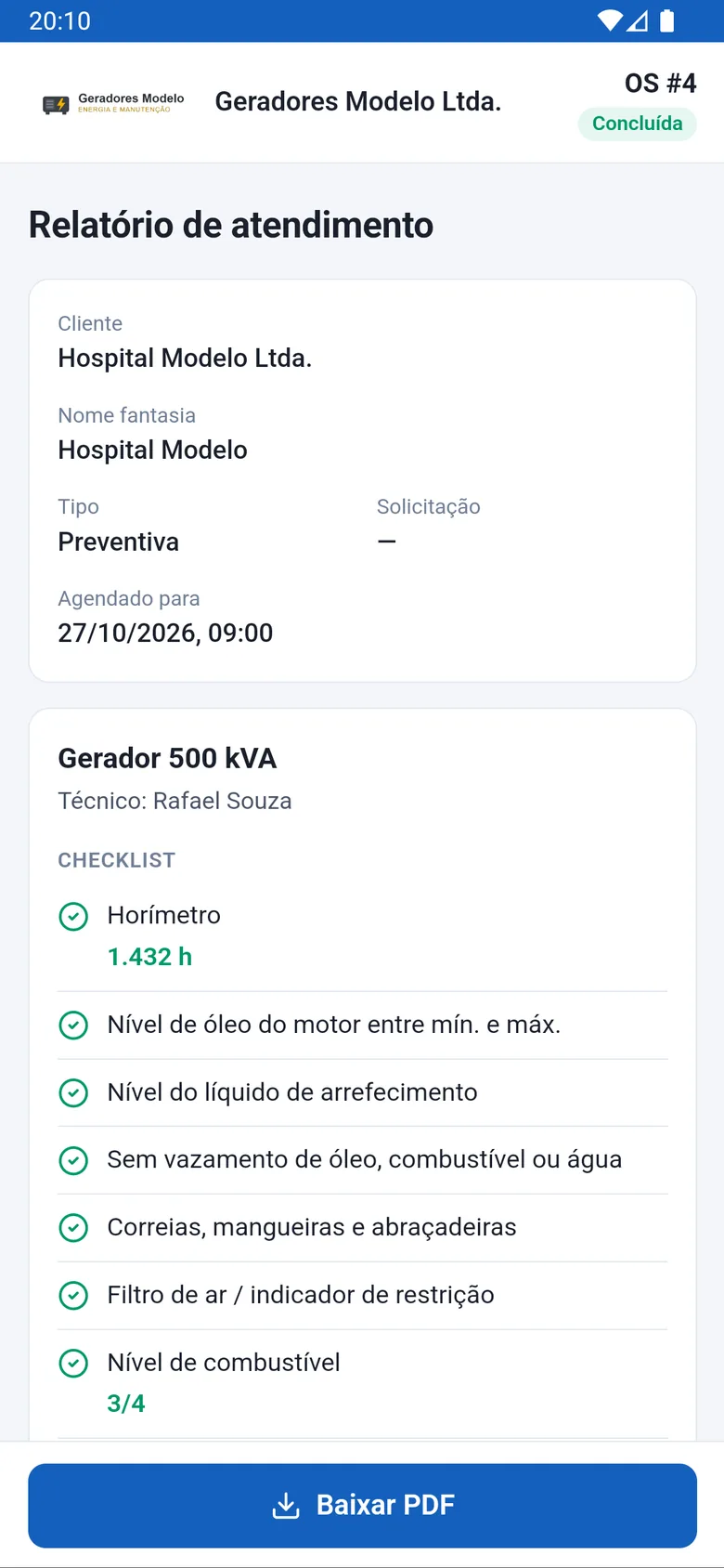 Relatório da OS #4 do Hospital Modelo no celular do cliente: logo da Geradores Modelo, status Concluída, Gerador 500 kVA com horímetro 1.432 h e o botão Baixar PDF
