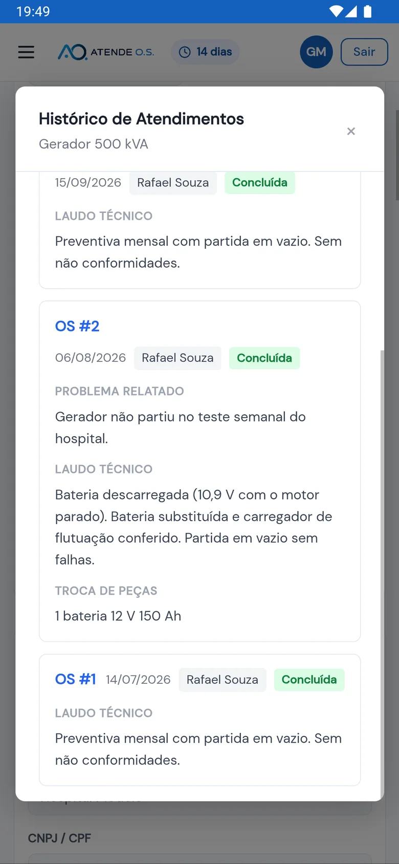 Histórico de Atendimentos do Gerador 500 kVA: preventivas de julho e setembro sem não conformidades e a corretiva de agosto, com a bateria a 10,9 V substituída (dados fictícios)