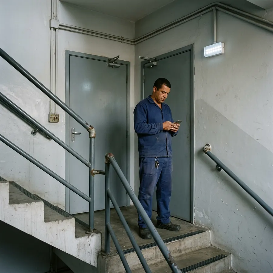 Técnico na escada do prédio, ao lado da luminária de emergência acesa, conferindo o tempo do teste no celular