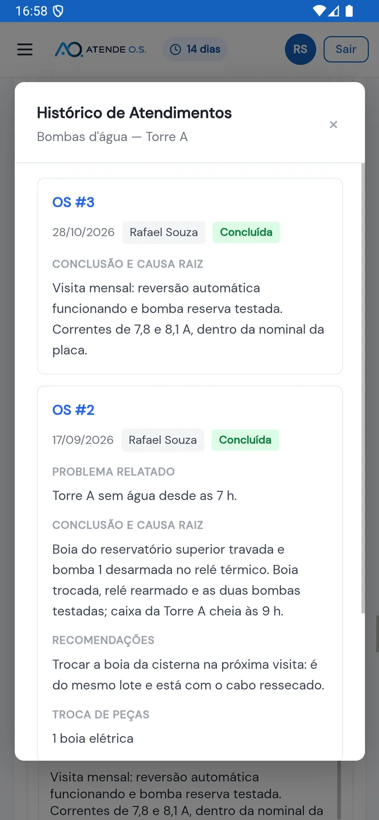 Histórico de Atendimentos das Bombas d'água — Torre A: a visita de outubro e a corretiva de setembro, com o problema relatado, a conclusão e causa raiz, as recomendações e a troca de peças (dados fictícios)