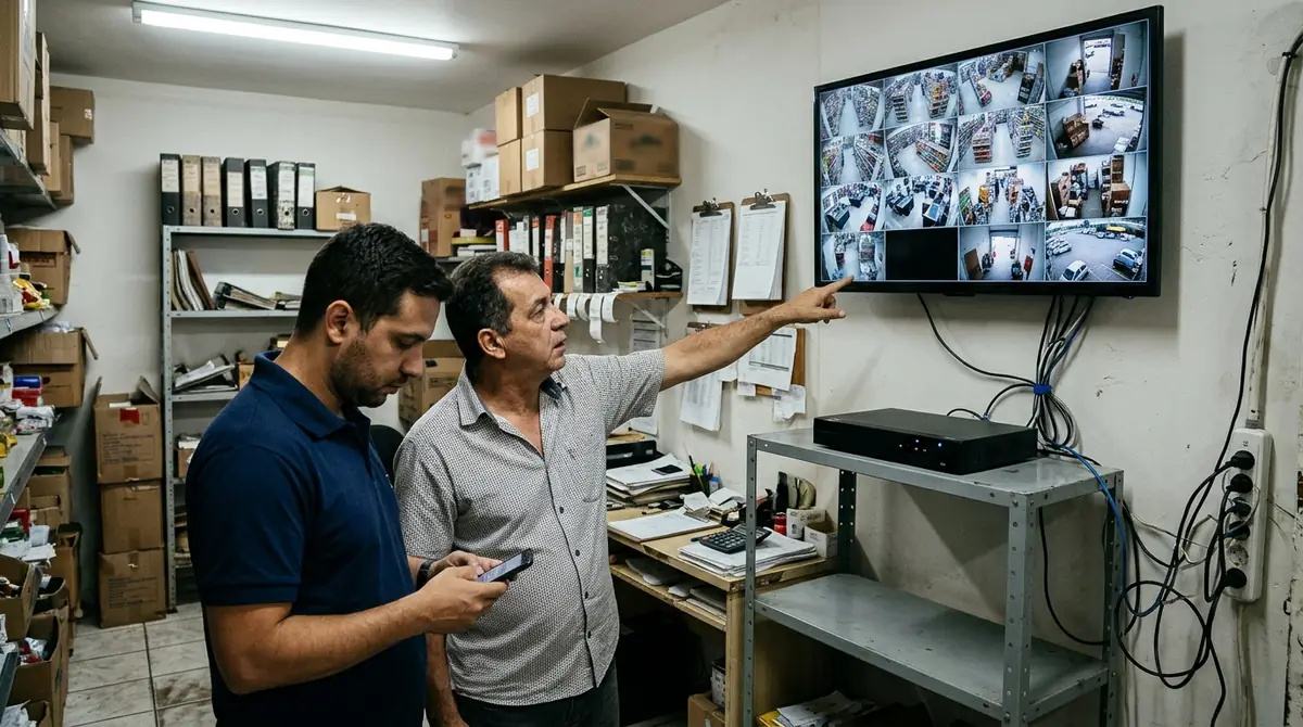 Dono da loja apontando para um quadro preto no mosaico de câmeras na tela do gravador, com o técnico ao lado olhando o celular
