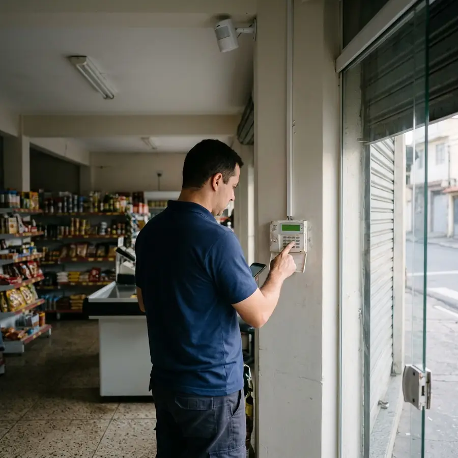 Técnico diante do teclado do alarme na entrada da loja, com o celular na mão, conferindo as zonas